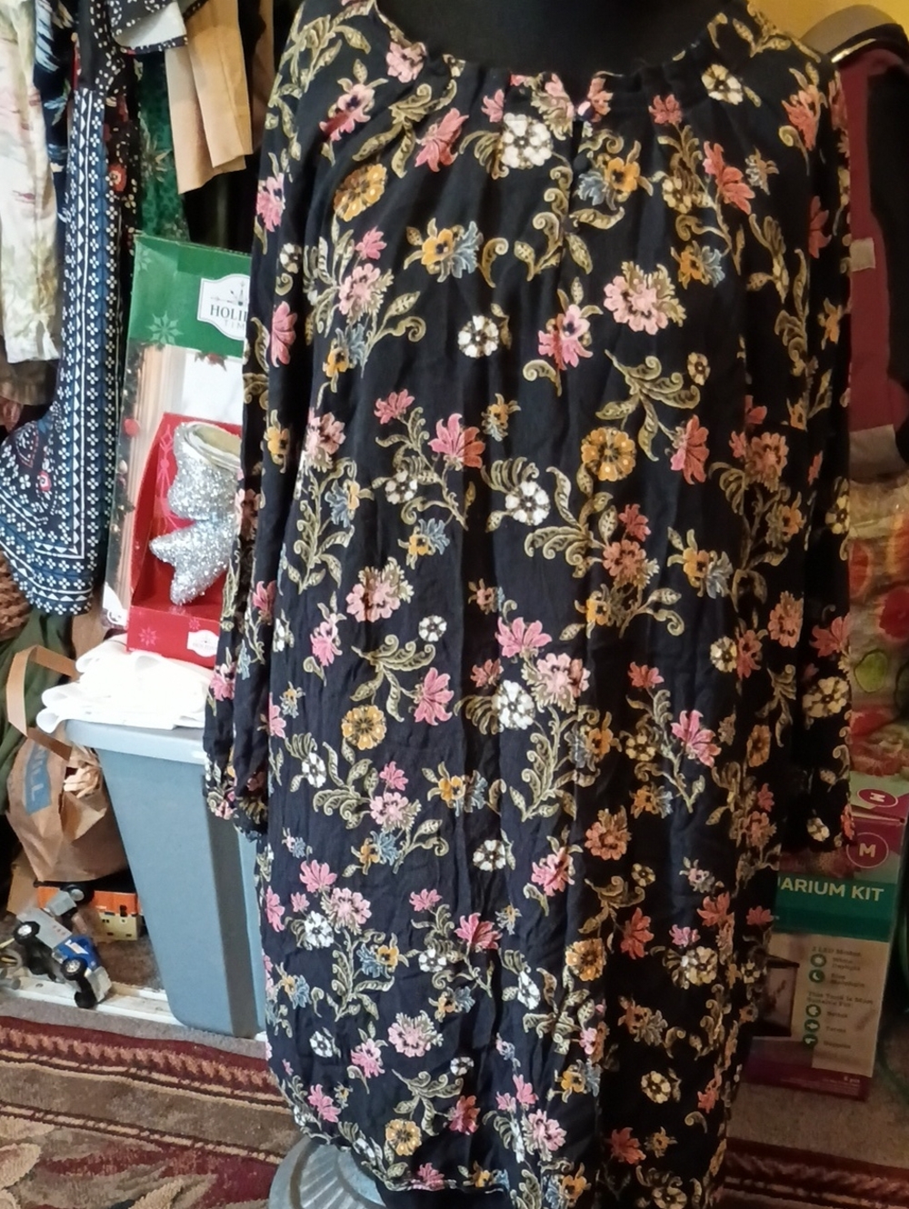 LOFT Plus Black Floral Blouse with Pink and Mustard Accents